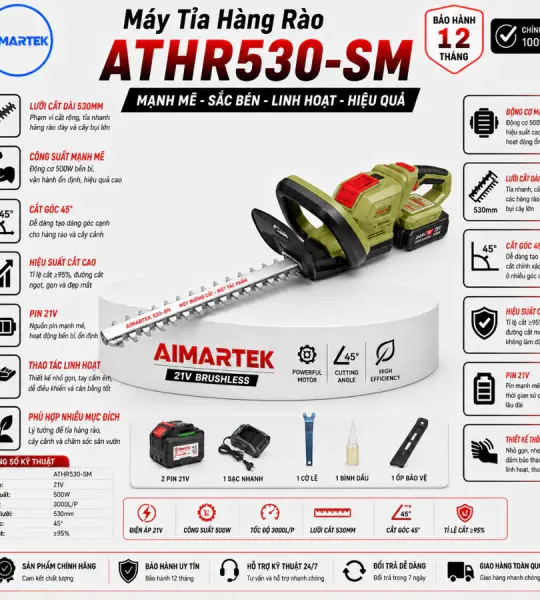 Máy Cắt Tỉa Hàng Rào AMAXTOOLS ATHR530-SM 21V Brushless 500W