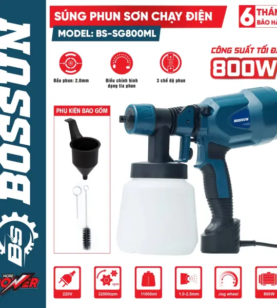 MÁY PHUN SƠN BOSSUN BS-SG800ML 800W – PHUN SƠN NHANH, ĐỀU, MỊN