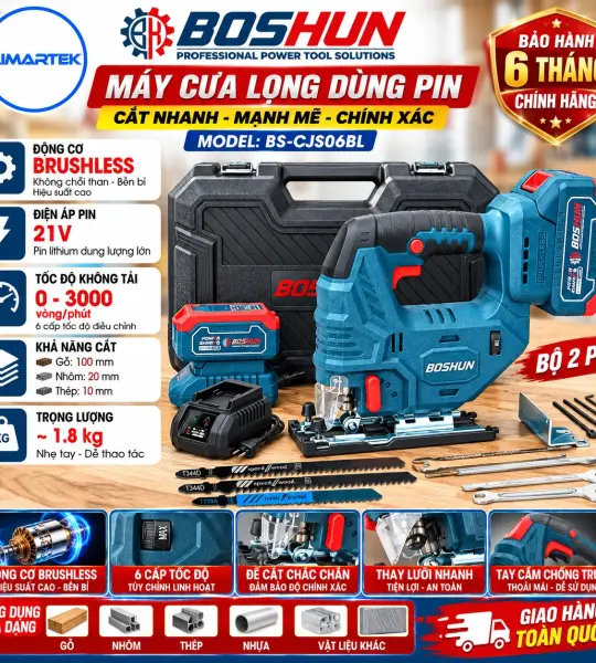 MÁY CƯA LỌNG PIN BOSHUN BS-CJS06BL – 21V BRUSHLESS, 6 CẤP TỐC ĐỘ, CẮT GỖ – NHÔM – THÉP MỀM