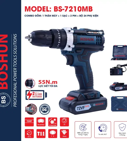 MÁY KHOAN PIN BOSSUN BS-ID1072VF 55NM – 3 CHỨC NĂNG KHOAN, BÚA, BẮT VÍT
