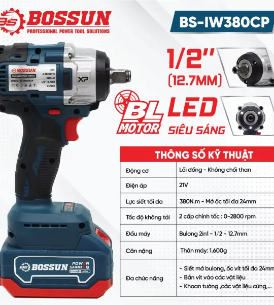 Máy Siết Bulong Bossun BS-IW380CP 380Nm – Pin 21V, Động Cơ Không Chổi Than