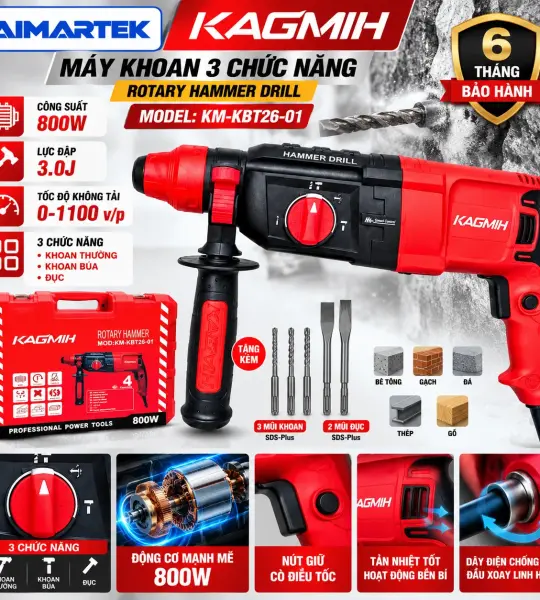 MÁY KHOAN KAGMIH KM-KBT26-01 – MÁY KHOAN 3 CHỨC NĂNG 800W, LỰC ĐẬP 3.0J, ĐẦU SDS-PLUS