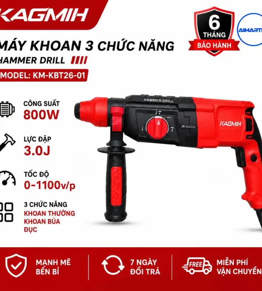 MÁY KHOAN KAGMIH KM-KBT26-01 – MÁY KHOAN 3 CHỨC NĂNG 800W, LỰC ĐẬP 3.0J, ĐẦU SDS-PLUS