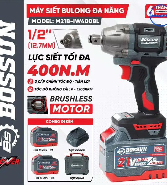 MÁY SIẾT BULONG BOSSUN M21B-IW400BL – LỰC SIẾT 400N.M, ĐỘNG CƠ BRUSHLESS, PIN 21V