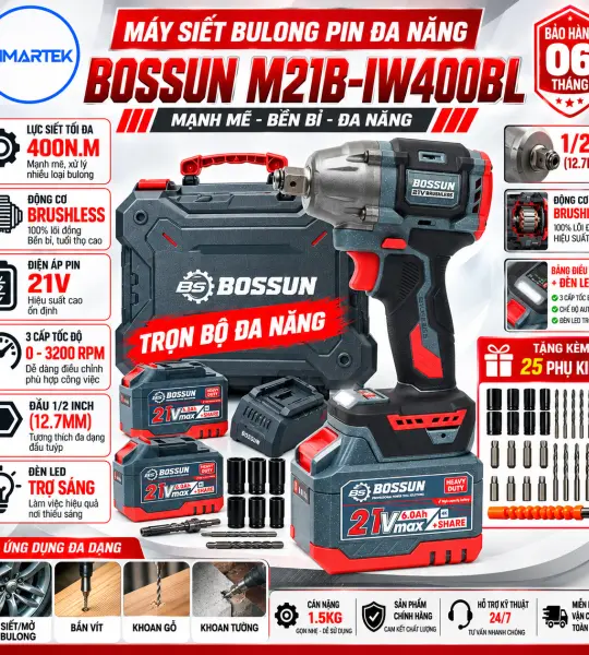 Máy Siết Bulong Pin BOSSUN M21B-IW400BL – Lực Siết 400Nm, Động Cơ Brushless