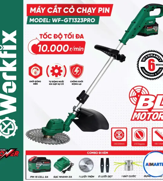 Máy Cắt Cỏ Pin WORKFIX WF-GT1323PRO – Brushless 21V, 10.000 Vòng/Phút