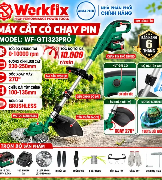 Máy Cắt Cỏ Pin WORKFIX WF-GT1323PRO – Brushless 21V, 10.000 Vòng/Phút