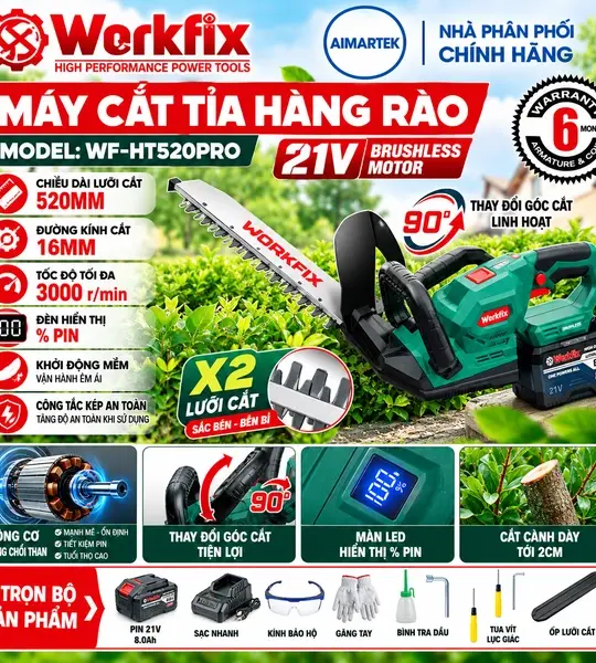 Máy Cắt Tỉa Hàng Rào WORKFIX WF-HT520PRO 21V | AIMARTEK