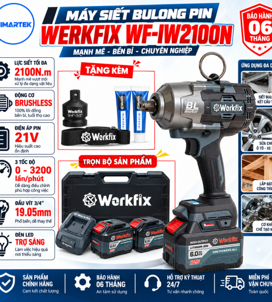 MÁY SIẾT BULONG WORKFIX WF-IW2100PRO – LỰC SIẾT 2100N.M, ĐẦU 3/4 Inch, PIN 21V, ĐỘNG CƠ BRUSHLESS