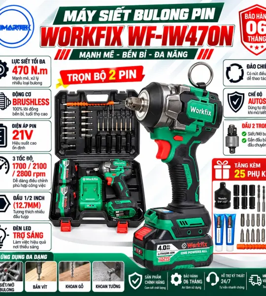 MÁY SIẾT BULONG WORKFIX WF-IW470BL – 470N.M, BRUSHLESS, ĐẦU 2 TRONG 1, PIN 21V