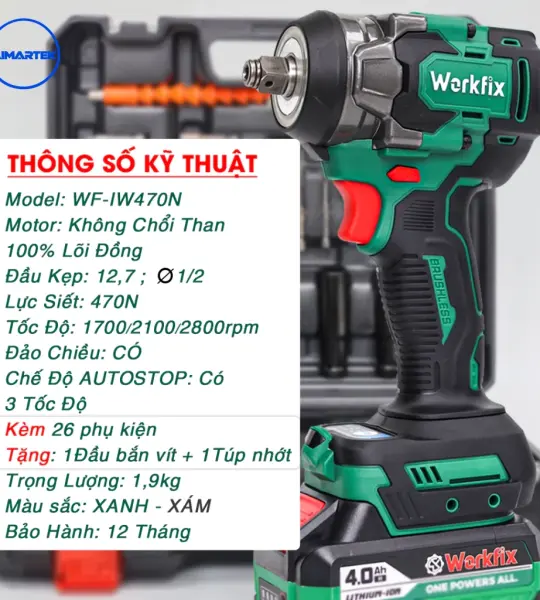 MÁY SIẾT BULONG WORKFIX WF-IW470BL – 470N.M, BRUSHLESS, ĐẦU 2 TRONG 1, PIN 21V