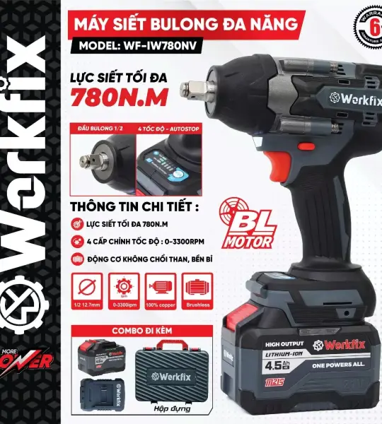 MÁY SIẾT BULONG WORKFIX WF-IW780NV 780NM – ĐỘNG CƠ KHÔNG CHỔI THAN, 4 CẤP TỐC ĐỘ