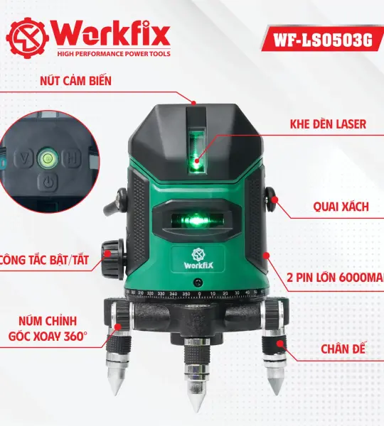 MÁY CÂN BẰNG LASER WORKFIX WF-LS0503G 5 TIA XANH – 2 PIN 6000MAH, XOAY 360°