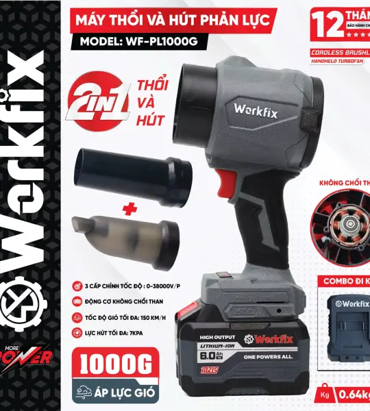 MÁY THỔI PHẢN LỰC WORKFIX WF-PL1000G 2 TRONG 1 THỔI & HÚT – 1000G, 7KPA, KHÔNG CHỔI THAN