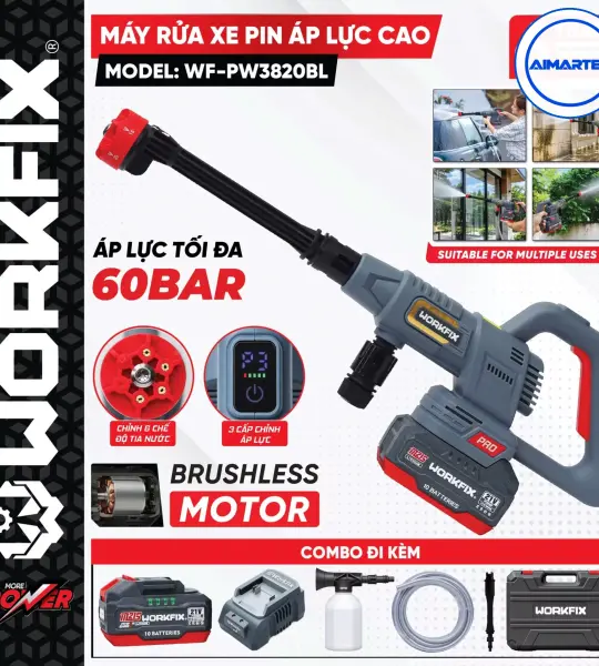Máy Rửa Xe Pin WORKFIX WF-PW3820BL 305W 60 Bar