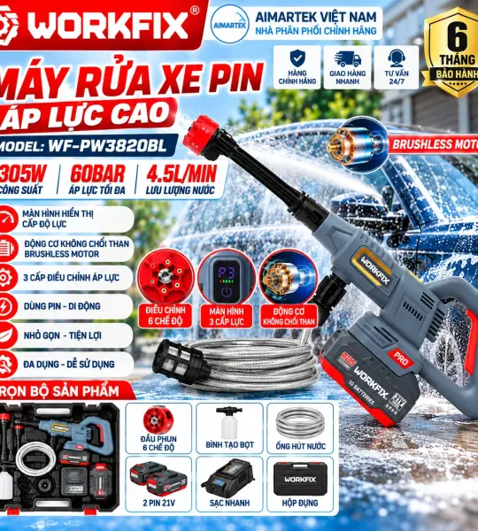 Máy Rửa Xe Pin WORKFIX WF-PW3820BL 305W 60 Bar