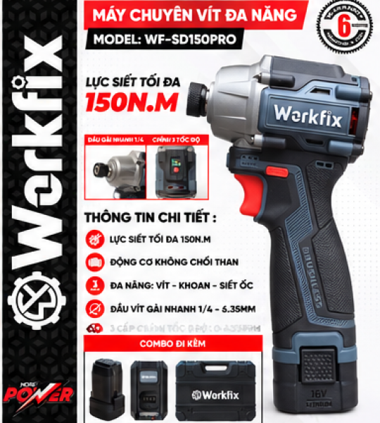 MÁY CHUYÊN VÍT WORKFIX WF-SD150PRO – LỰC SIẾT 150NM, BRUSHLESS, 3 CẤP TỐC ĐỘ