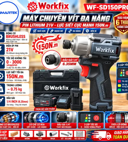 MÁY CHUYÊN VÍT WORKFIX WF-SD150PRO – LỰC SIẾT 150NM, BRUSHLESS, 3 CẤP TỐC ĐỘ