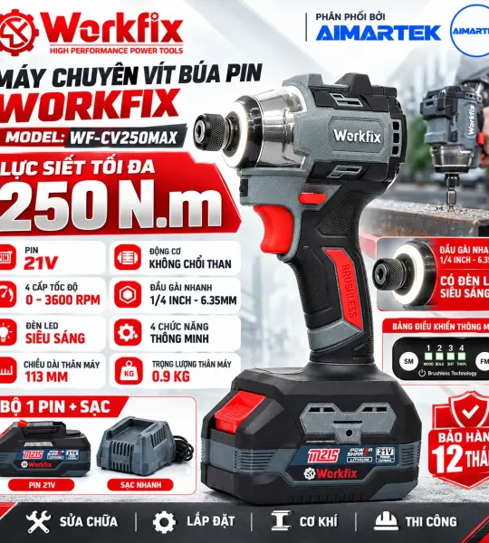 Máy Chuyên Vít WORKFIX WF-SD250MAX 250N.m Pin 21V Brushless