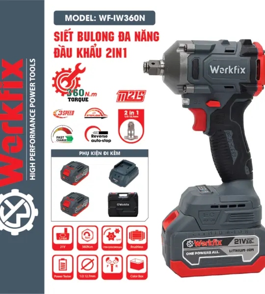 MÁY SIẾT BULONG WORKFIX WF-IW360BL 360NM – ĐỘNG CƠ KHÔNG CHỔI THAN, ĐẦU 2IN1