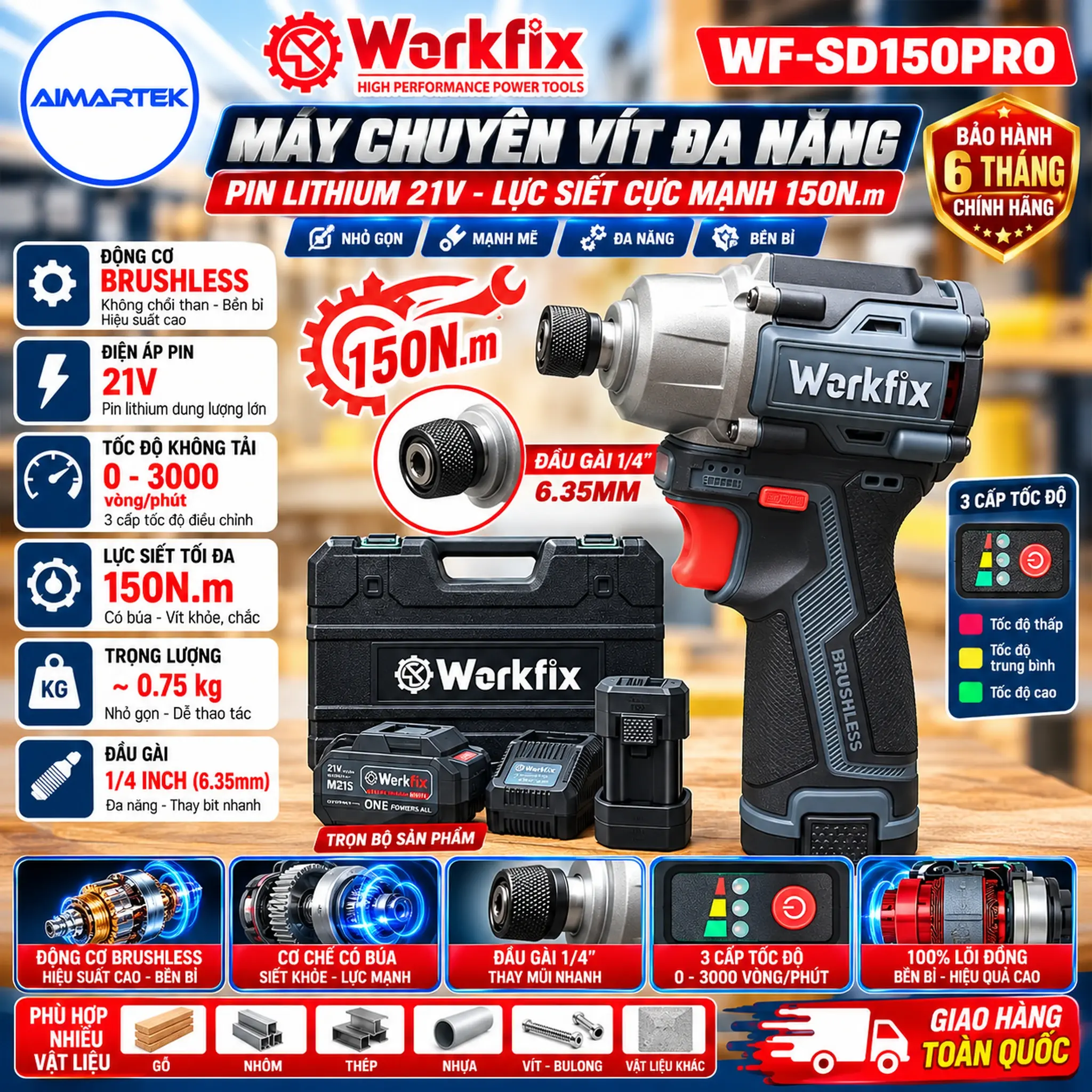 Máy Chuyên Vít WORKFIX WF-SD150PRO lực siết 150Nm